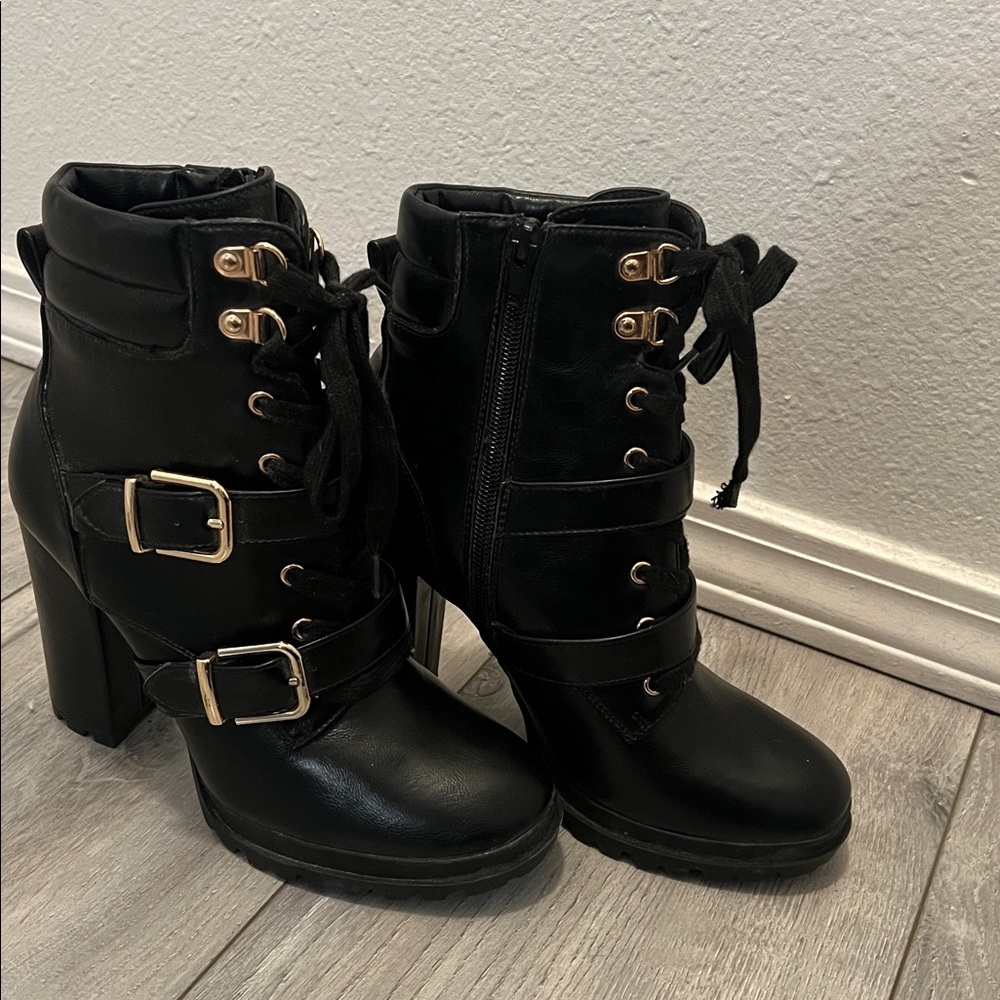 Black Heeled Ankle Boots with Gold Buckles- Size 6.5